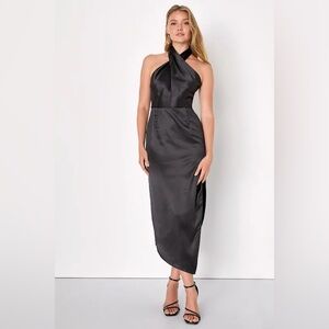 Lulus Glamorous Desires Black Satin Sleeveless Halter Midi Dress Size M NWT